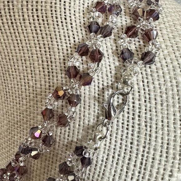 NEW Handmade Crystal and seed bead chain necklace. Purple and silver 32 inches. - Picture 2 of 3